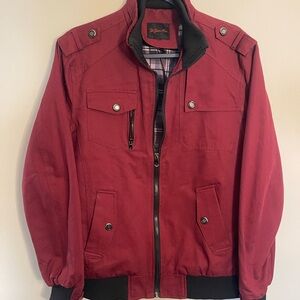 Burgundy Bomber Jacket with Contrasting Collar and Zipper Closure